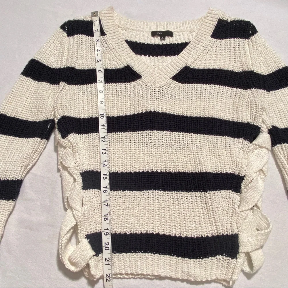 Fate Black White Striped Lace Up Coastal Knit Sweater Size S